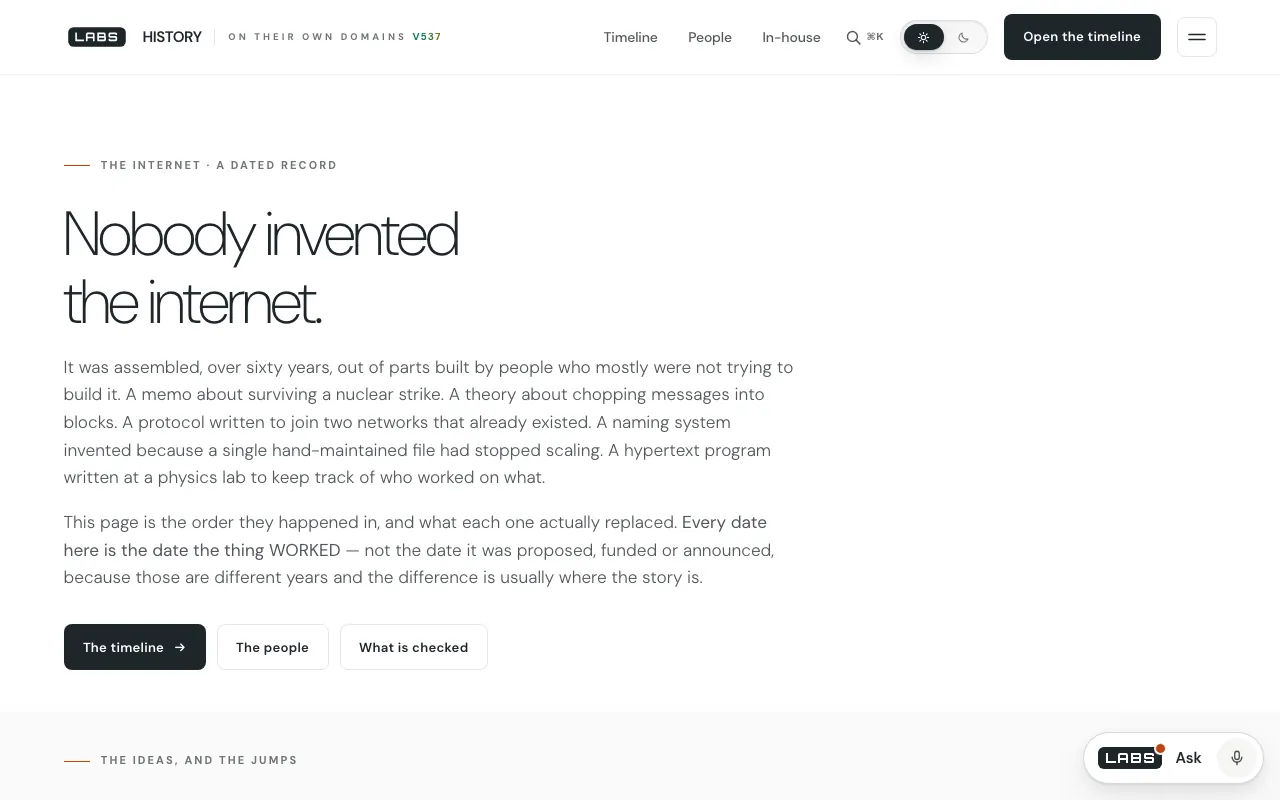 First-screen capture of the labs.llc History of the Internet page