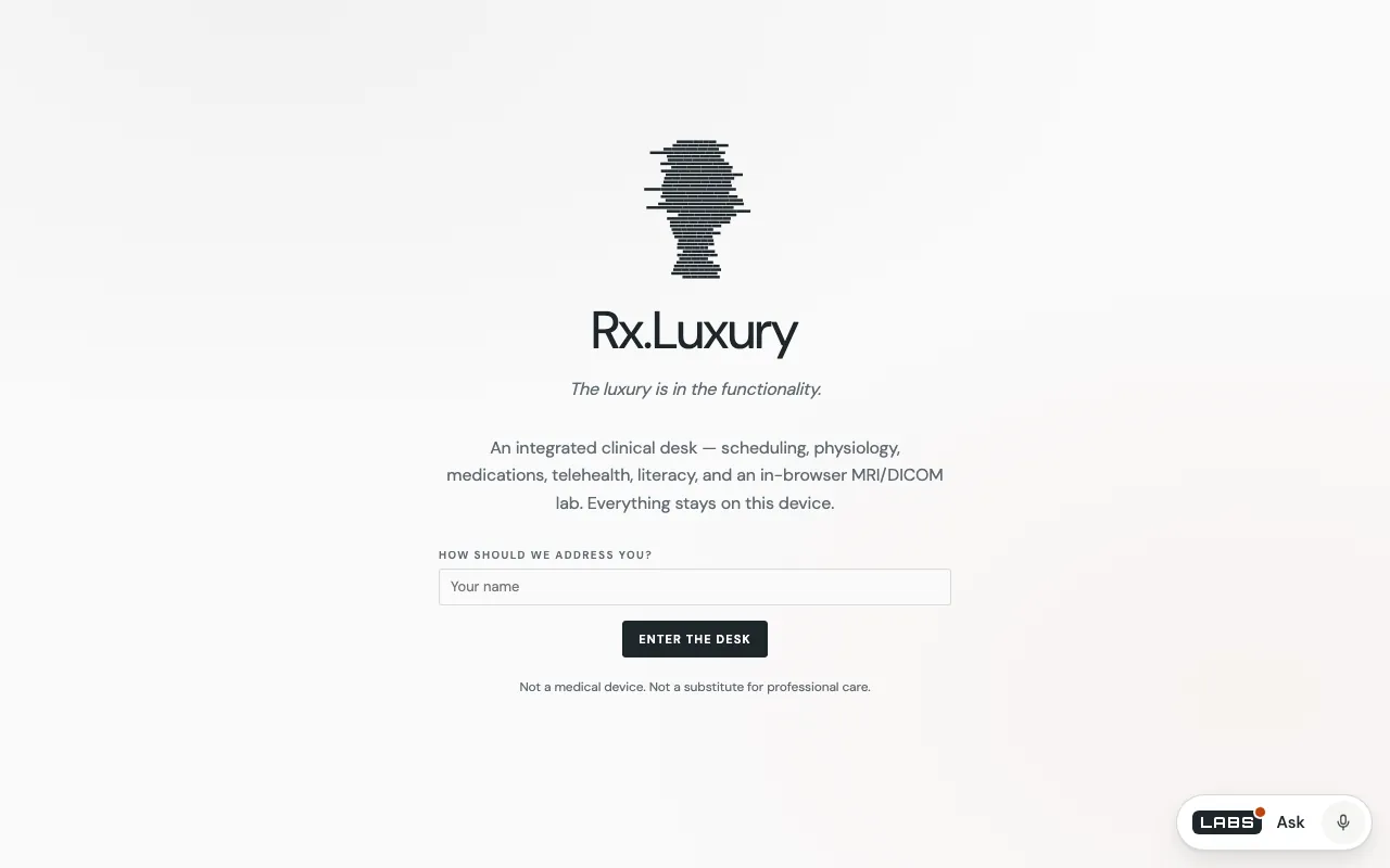 First-screen capture of the labs.llc Rx.Luxury page